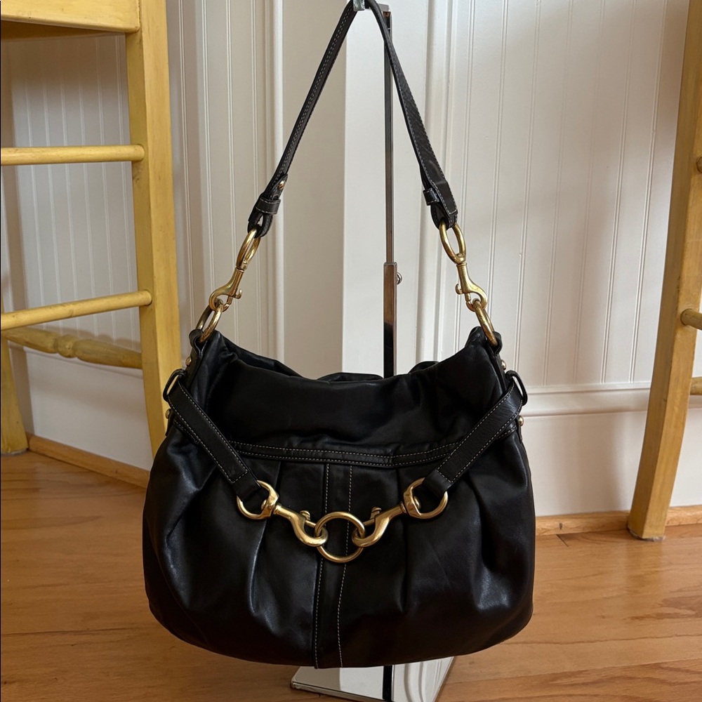 COACH vintage Hamptons Belted Hobo Shoulder Bag Y2K Black Leather Buckle Brass - Picture 3 of 16